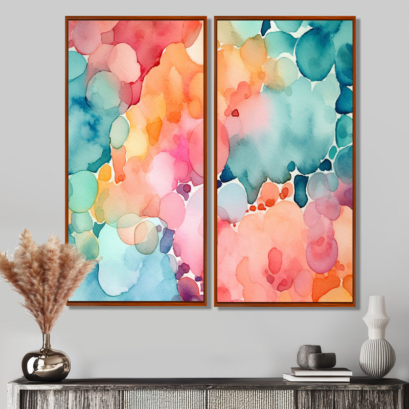 Rose et bleu sarcelle, éclaboussures enchantées - décoration murale moderne 2 panneaux, H 32 po x l 32 po, Brun
