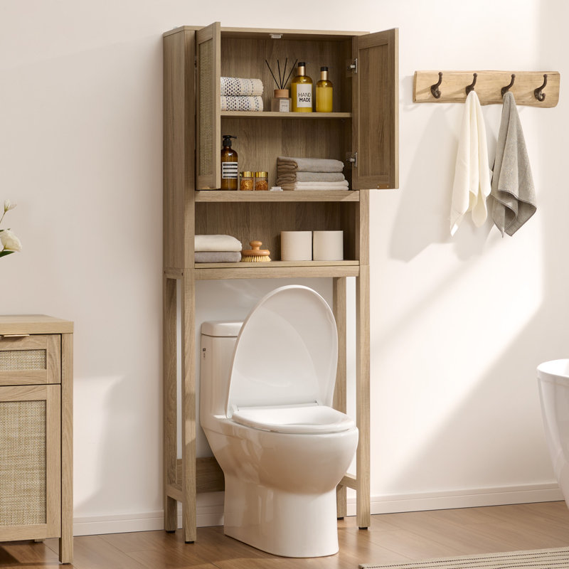 Boho Bathroom Space Saver Cabinet With Rattan Doors, Over-The-Toilet Storage Organizer With Adjustable Shelf, Light Oak