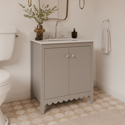 Meuble-lavabo simple festonné 30 po - gris clair - avec plateau - boutons en nickel brossé