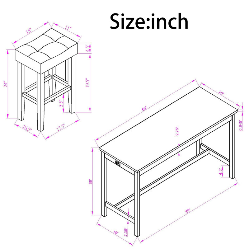 Multifunctional Wooden 4 Piece Bar Table Set With Power Outlet, 1 Bar Table And 3 Chairs Set, Dining Table Set, Industrial Breakfast Table Set