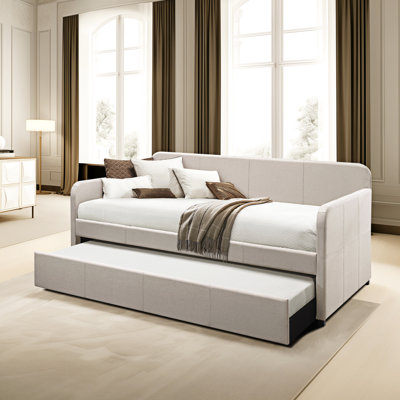 Twin Daybed With Trundle In Fog Fabric - Caster Wheels, 35" Armrest Height Upholstered Versatile Covering, Height, 330 Lbs Weight Capacity