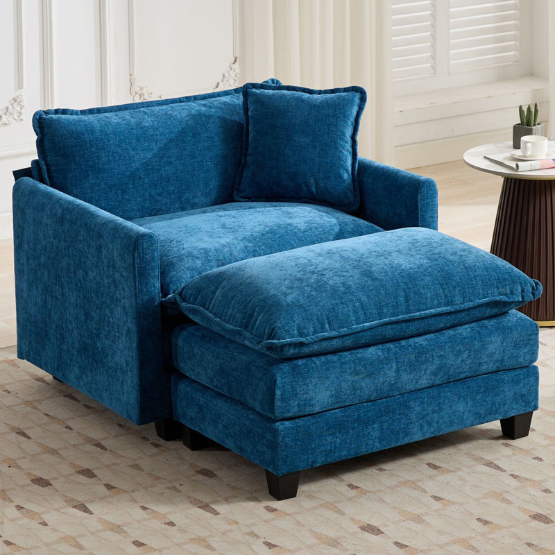 Fauteuil d'appoint surdimensionné en chenille de nuage avec repose-pieds Schmucker, Bleu