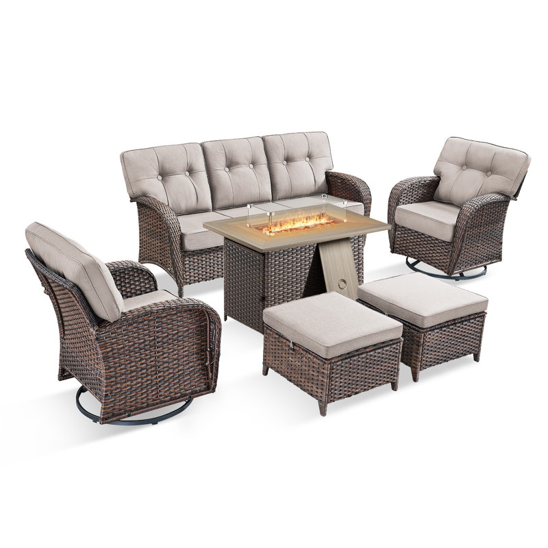 Ensemble de conversation pour patio en osier 6 pièces avec table rectangulaire et chaises pivotantes Teebeck, Beige