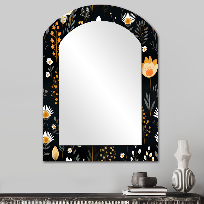 Charme de jardin rustique noir et jaune - miroir mural unique à motif floral arqué, grand miroir asymétrique noir, impression d'art en métal