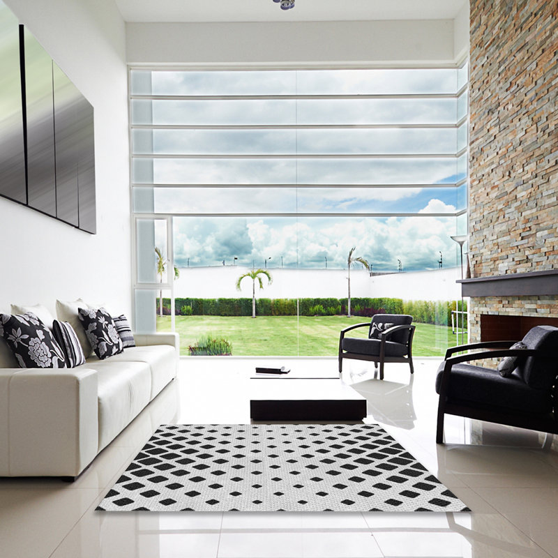 Tapis noir à motif géométrique de couleur cendrée, Carré 7 pi
