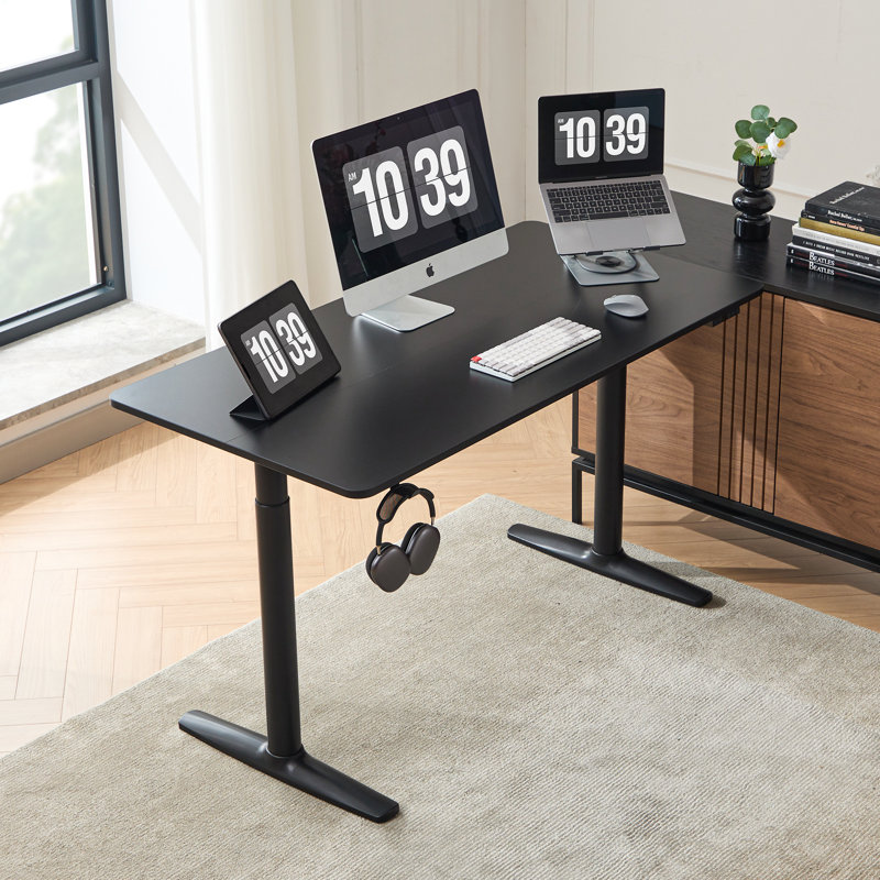 Electric Height Adjustable Standing Desk with Round Tube Column, 46" H x 48" W x 24" D, Black/Black