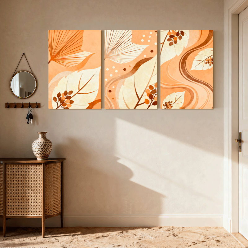 «Abstract Orange Leaves», ensemble de 3 impressions sur toile, H 24 po x l 48 po