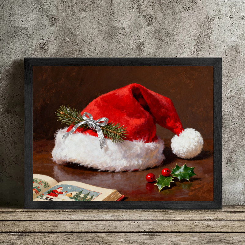 Reproduction d'art encadré noir, nature morte, chapeau de père Noël rétro, H 13 po x l 17 po
