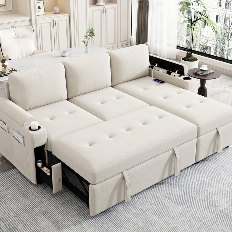 Convertible avec rangement dissimulé, porte-gobelets, ports, tiroirs de rangement modulaires en chenille beige,, Beige