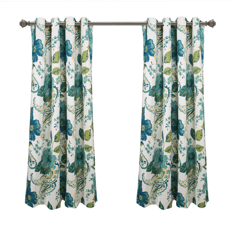 Floral Paisley Room Darkening Curtain Pair, 52"W x 45"L, Green/White