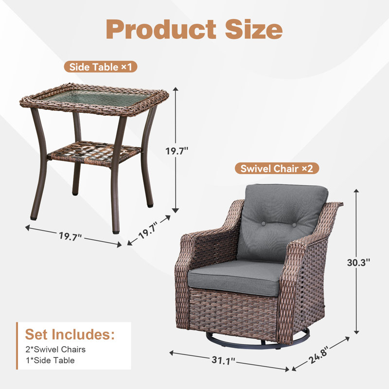 Ensemble de chaises berçantes pivotantes pour l'extérieur, Gris