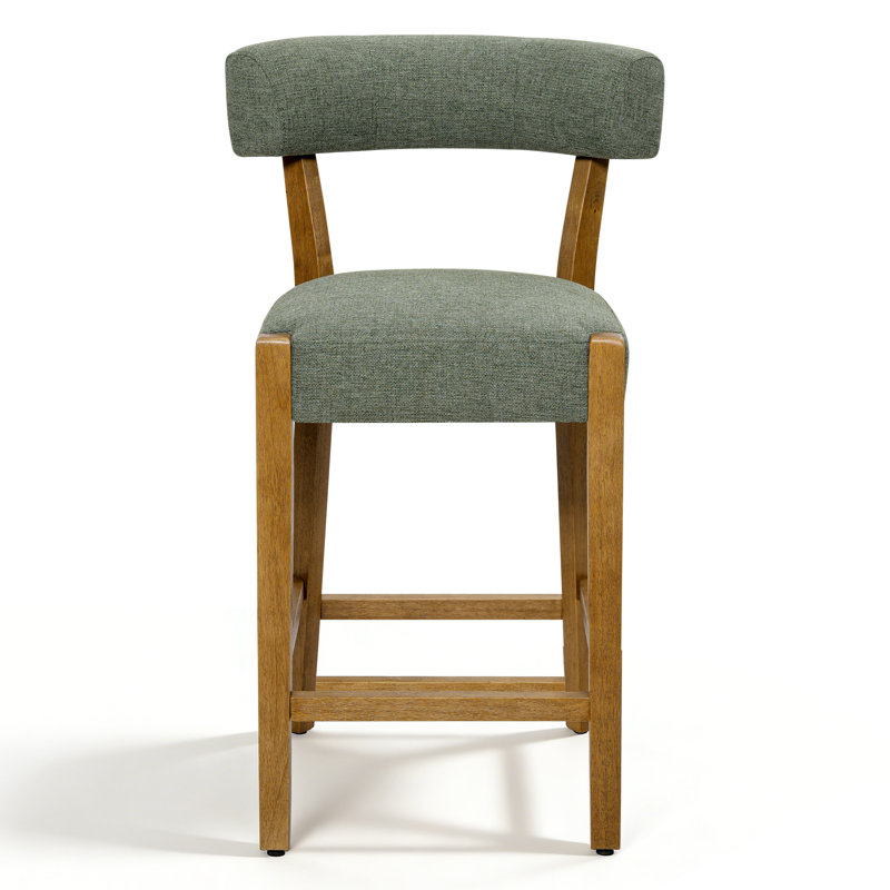 26" Upholstered Counter Height Bar Stool with Solid Wood Frame, Green Linen / Brown Frame, 2
