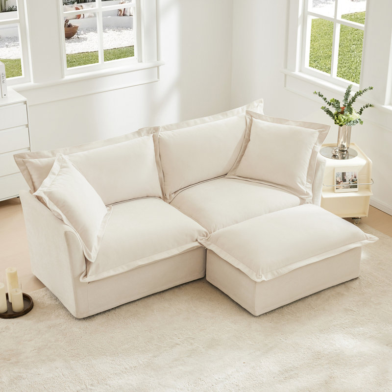 Canapé 2 places contemporain avec repose-pieds, Crème, crème