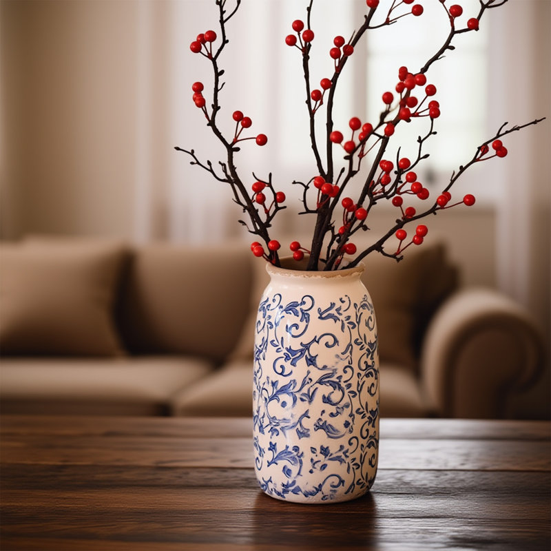 Rustic Blue and White Ceramic Vase, 8" Farmhouse Decorative Flower Vase for Table, Mantel, Bookshelf, Living Room Centerpiece