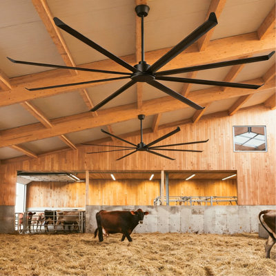 120 INCH Large Size Industrial PM DC Motor Ceiling Fan with 8 PCS Aluminum Blades ,6-Speed Remote Control, Adjust Height ( 3 Down rods) Commercial Ceiling Fan Without Light For Porch/Garage/Shop-BLACK