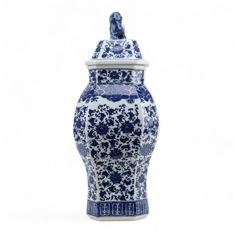 Blue and White Hexagonal Jar with Lid