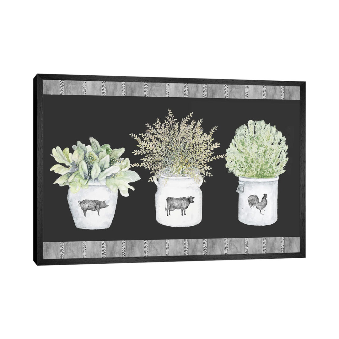 Potted Farm Arrangement Trio On Chalkboard by Janice Gaynor - Painting on Canvas