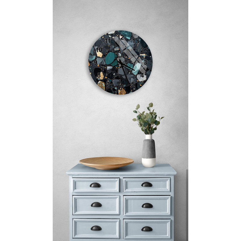 Horloge murale Terrazzo, art en pierre abstrait moderne, décor de verre trempé or noir, grande montre ronde, cadeau de salon mosaïque industrielle