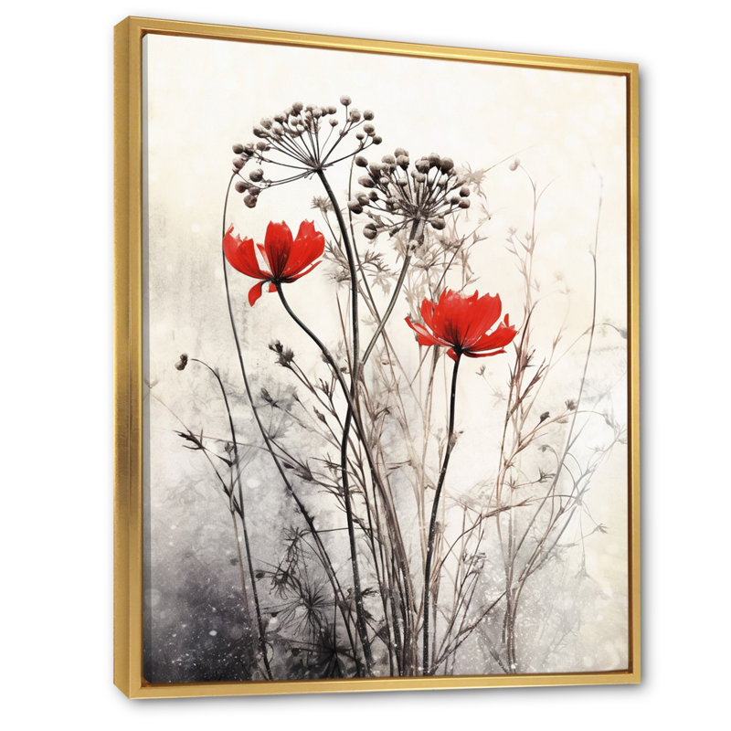 Décoration murale florale rouge et grise I, H 40 po x l 30 po, Doré, Reproduction avec cadre flottant