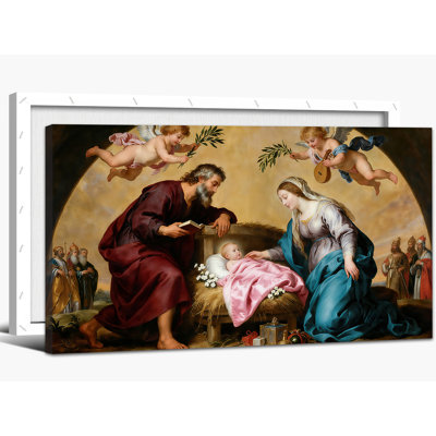 Large Nativity Scene Wall Art - O Holy Night Pictures Wall Decor, Vintage Nativity Painting for Living Room, Christmas Nativity Artwork Prints for Home Wall Decor Frame Wrapped Canvas Print, 24×48 inches