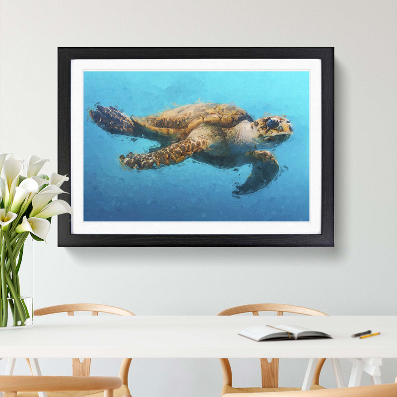 Swimming Sea Turtle in Abstract - Picture Frame Graphic Art Print, Black Framed, 62cm H x 87cm W x 2cm D