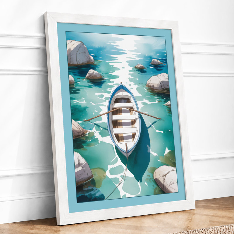 Rowing Boat in Turquoise Waters Coastal - Framed Print, A2 - 59.4 x 42.0 cm, White