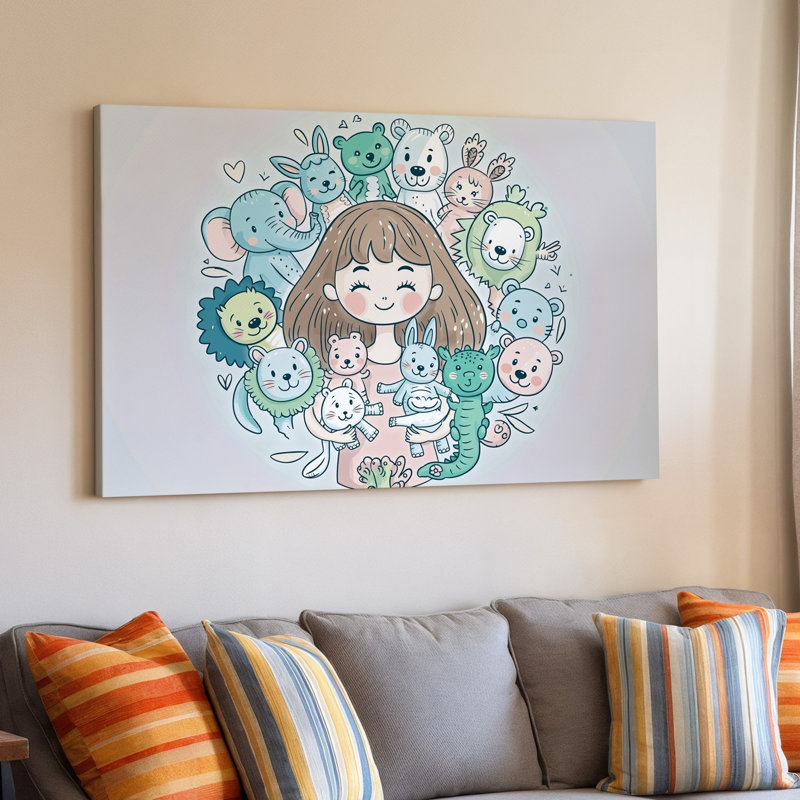 Toile, Illustration fantaisiste mettant en vedette une jeune fille avec une joyeuse expression murale entourée d'une rangée d'animaux adorables, art mural
