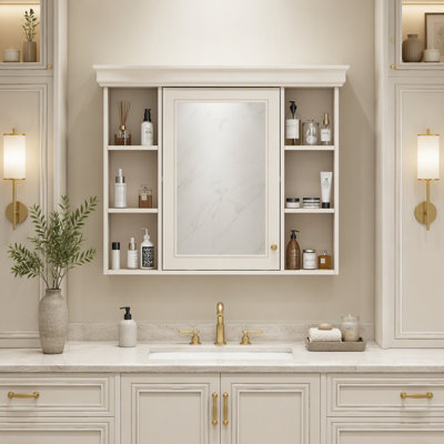 Armoire de rangement murale moderne pour salle de bain de 90 cm (35,5 pouces) avec porte-miroir et 6 tablettes ouvertes