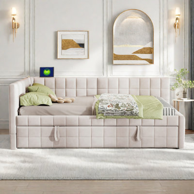 Upholstered L-shaped Daybed With Pop Up Trundle, Usb Ports And Square-block Pattern by Ebern Designs