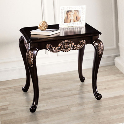 Table de bout 1pc avec style traditionnel, finition cerisier foncé, structure en bois massif, pieds et accents, l 28,5 po x P 26,5 po x H 24,5 po carré en cerisier, bois, design, reflets dorés,