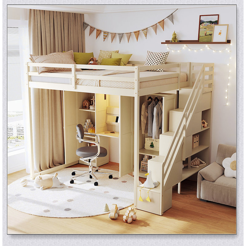 Loft Bed With Storage Staircase,Built-In Dressing Table With Mirror And Drawer, Wardrobe & Cabinets, USB Charging Ports And Lights