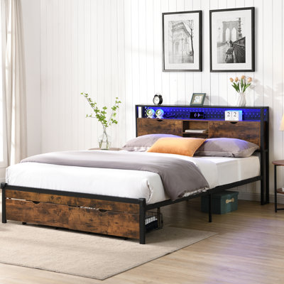 Lit plateforme en métal avec tête de lit en bois et 2 tiroirs pour le rangement, lumières à DEL, sommier tapissier, assemblage sans effort. : Lit, tête de lit, cadre de travail double avec