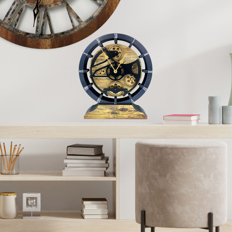 Desk wooden Clock Round 10 inches with Real Moving Gears (Transformable into a Wall Clock - detachable base) Canada Collection