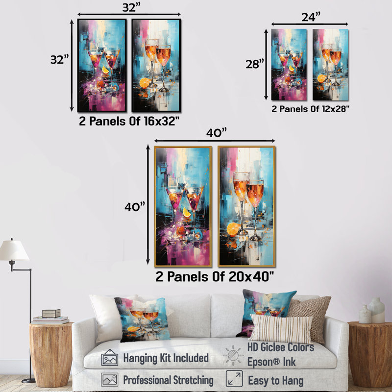 Abstraits cocktails roses et bleus - ensemble de 2 impressions sur toile cocktail, Toile tendue, H 32 po x l 33 po