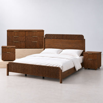 Doland Mid-Century Modern Fluted Solid Wood 4-Piece King Bedroom Set