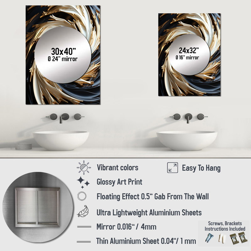 White and gold hypnotic abstract spiral  - Abstract Spirals Mirror, Modern Unique Wall Mirror, Printed Metal Art, 40" x 30"