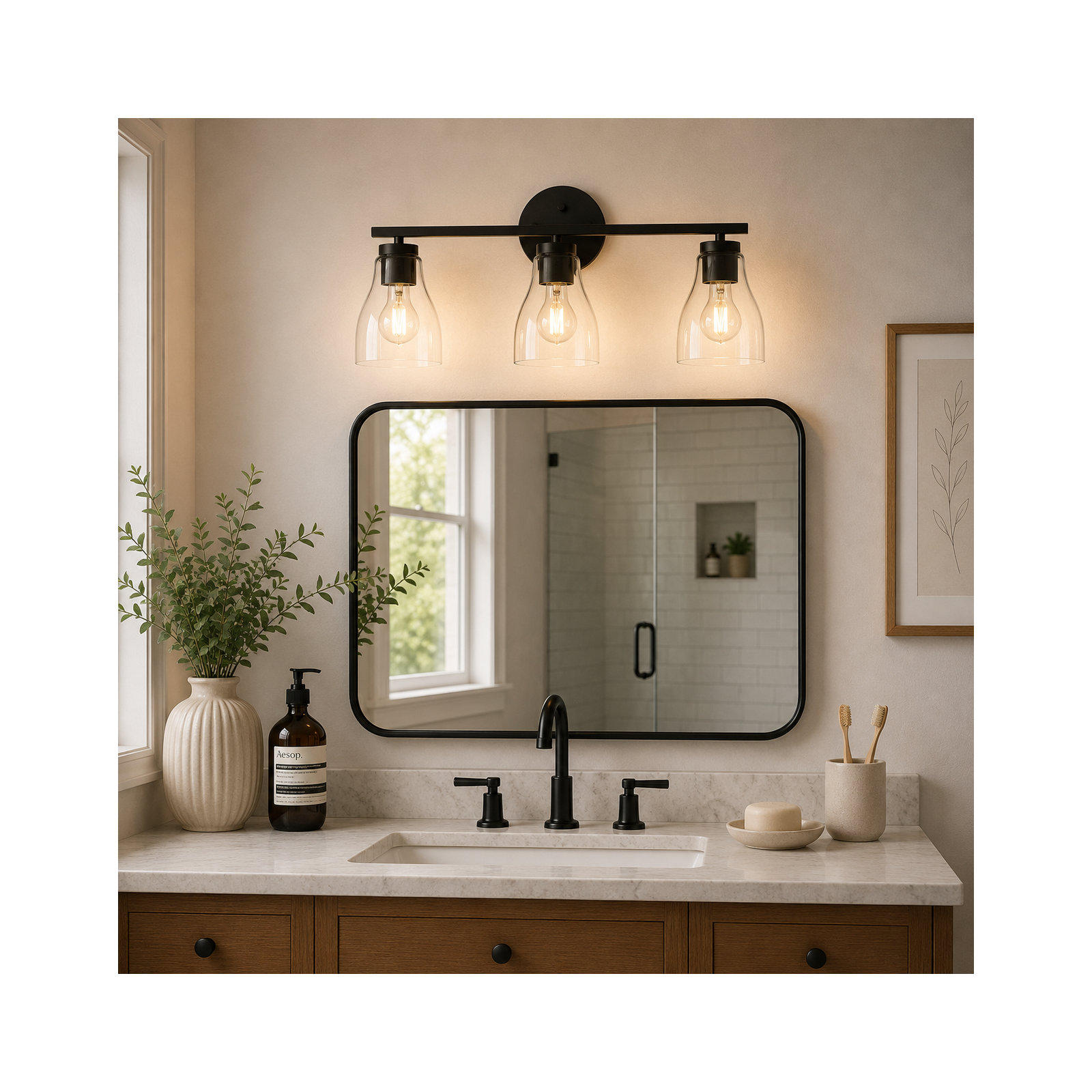 Modern Clear Glass Shade Vanity Wall Light With Steel Frame, Matte Black, 3 Lights, 10" H x 22" W x 6.5" D
