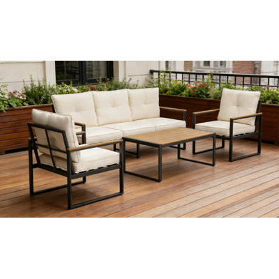 Outdoor Patio Furniture Set 5-Seater Steel Sectional with Beige Cushion and Coffee Table