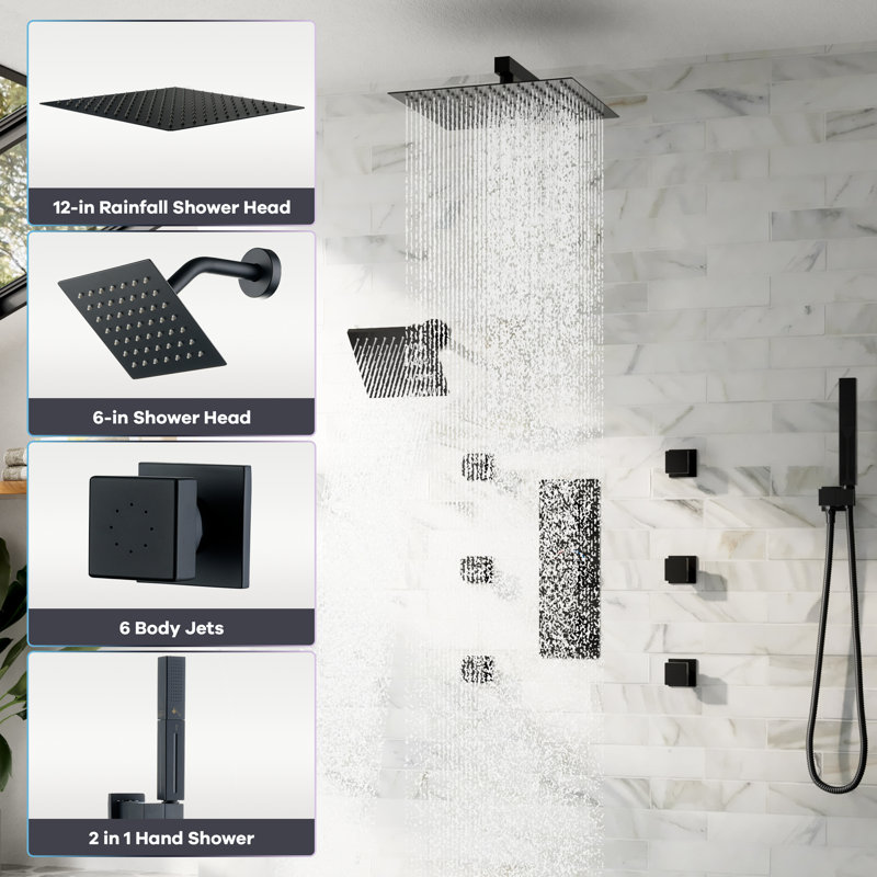 4-Function Thermostatic Shower System with 12" & 6" Rain Showerheads, 6 Body Jets and Handheld