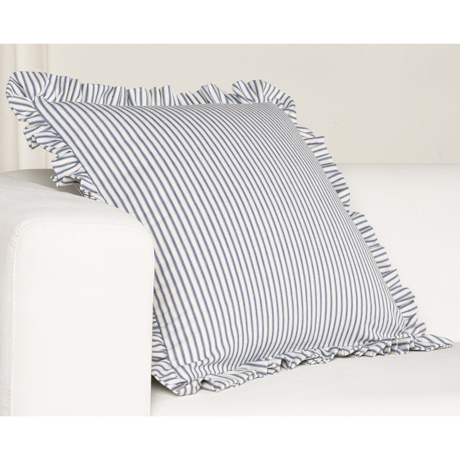 Birch Lane Ticking Stripe Ruffled Accent Pillow, Polyester, Blue