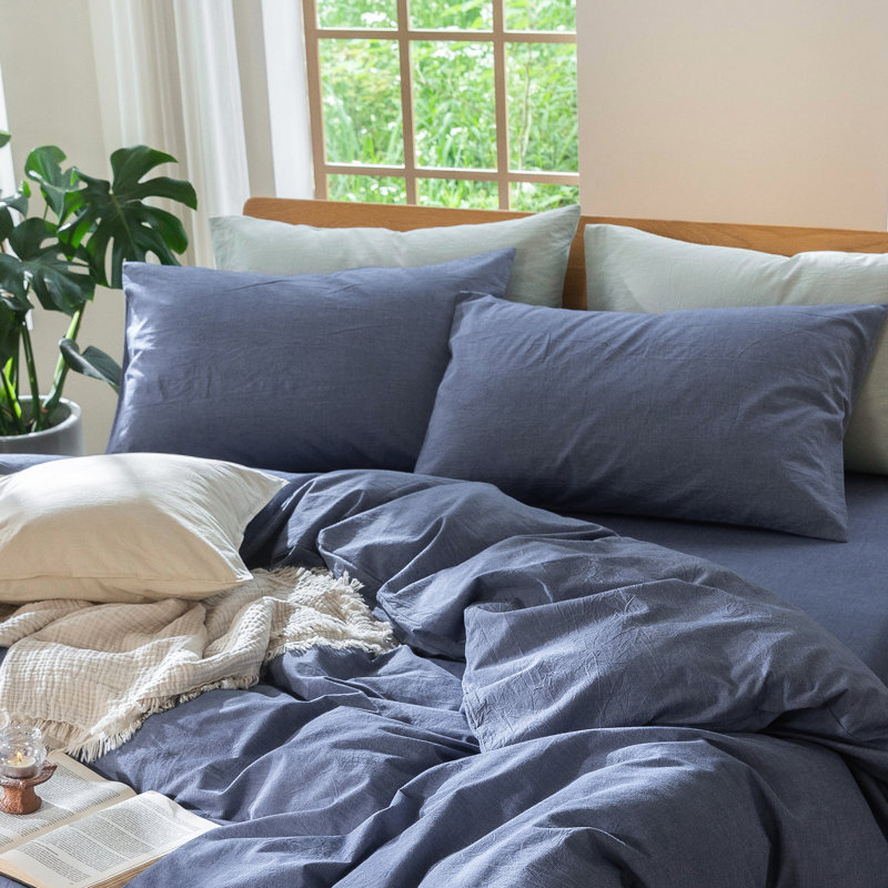 MooMee Pillowcases Envelope Closure 100% Washed Cotton Linen Like Textured Breathable Soft,  King (20" x 36"), Denim Blue