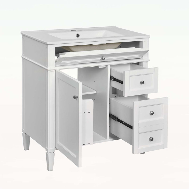 Charmant meuble-lavabo avec rangement extraordinaire et design élégant, Blanc, Argent argent