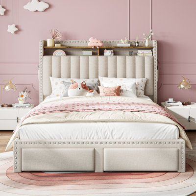 Francille Upholstered Bed Frame with 2 Drawers, 2-Tier Storage Headboard with Side Pockets