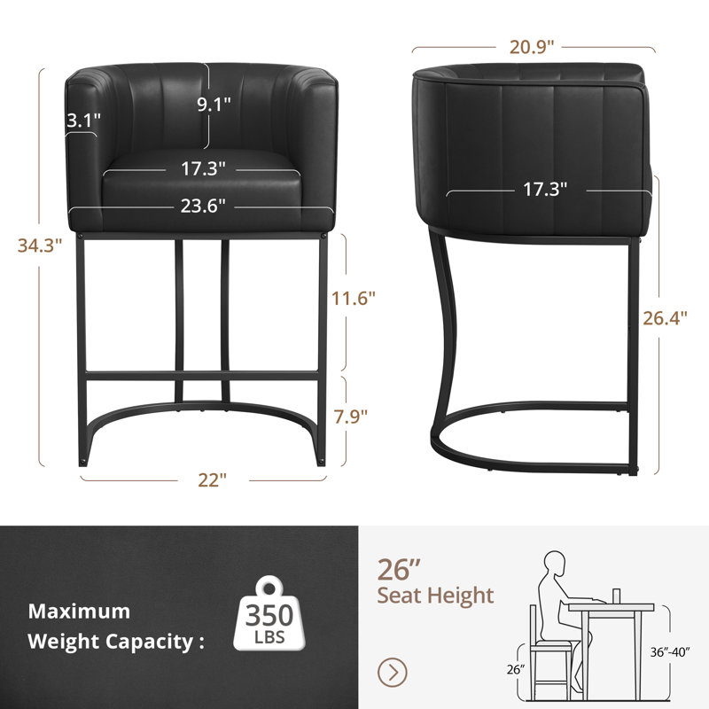 26.4" H Counter Height Bar Stools, Modern Barrel Counter Stools With Backrest And Arms,   Metal Legs, Upholstered Accent Barstools For Kitchen Island