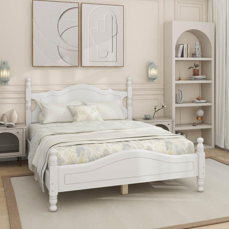 Wood Platform Bed Frame,Retro Style Platform Bed with Wooden Slat Support, White, Full