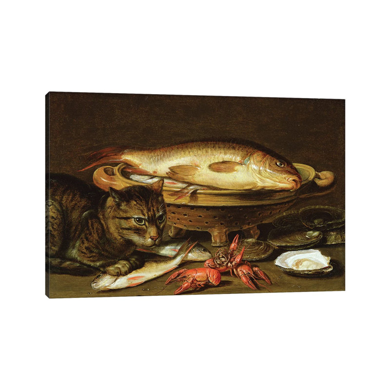 A Still Life With Carp In A Ceramic Colander, Oysters, Crayfish, Roach, And A Cat On The Ledge Beneath by Clara Peeters - Wrapped Canvas Painting