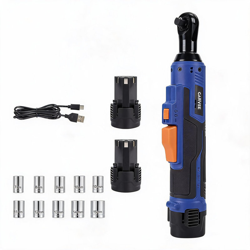 12V Wireless Electric Ratchet Wrench Set, 3/8 in Drive - 45 N·m High Torque, 0–300 RPM Adjustable Speed - Right Angle Head, LED Light, 2×2.0Ah Batteries, Fast Charger, 10 Sockets