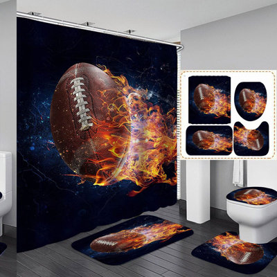 Blazing Touchdown Shower Set: 4PCS Fantasy Football Fabric Curtain & Non-Slip Bath Rugs