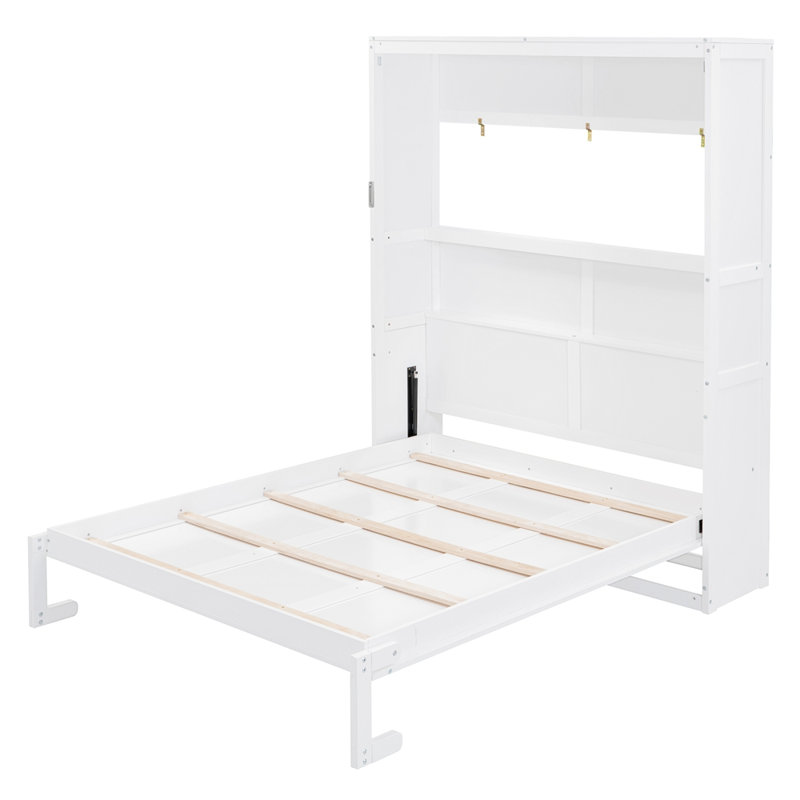 Grand lit escamotable mural avec tablettes, Blanc, Grand lit