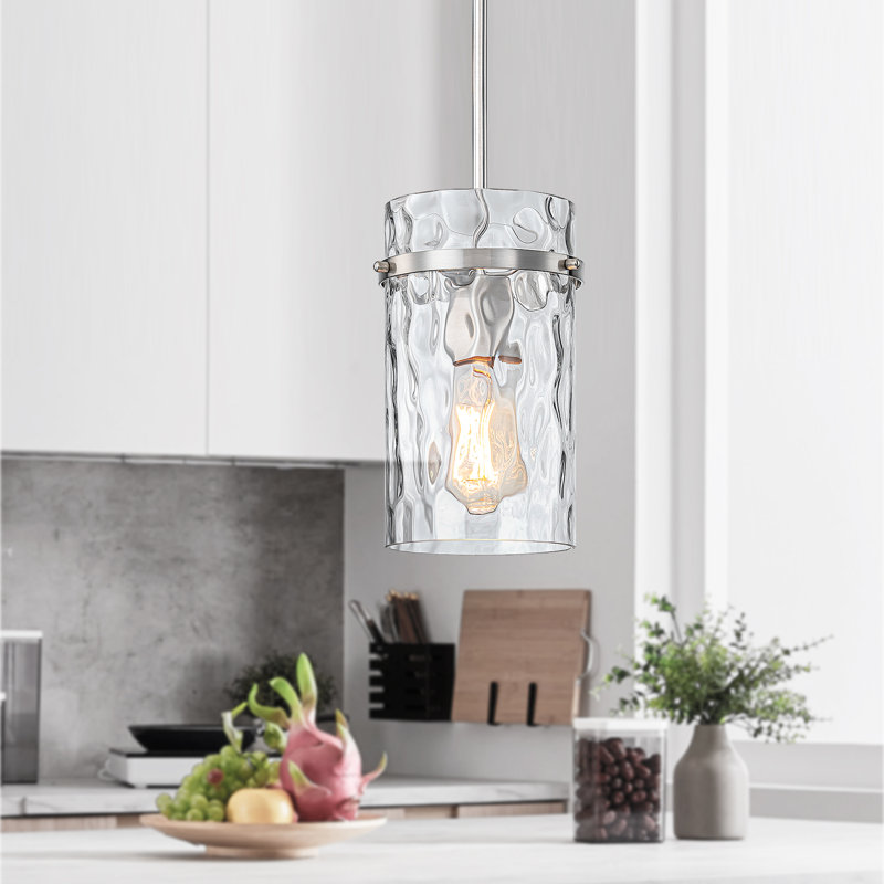 Cylon 1 - Light 5.5'' Hammered Glass Cylinder Pendant for Kitchen Island, Nickel